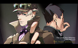 Rule 34 | 2boys, ace attorney, anniversary, ayu161, back-to-back, black jacket, blonde hair, blue eyes, brown coat, brown gloves, brown headwear, closed mouth, coat, collared jacket, collared shirt, commentary request, copyright name, deerstalker, detective, facing away, fingerless gloves, gakuran, gloves, goggles, goggles on headwear, hair between eyes, hand up, hat, herlock sholmes, highres, jacket, letterboxed, long sleeves, looking at viewer, male focus, multiple boys, neck ribbon, pink ribbon, pink shirt, pointing, pointing at viewer, ribbon, ryunosuke naruhodo, school uniform, shirt, short hair, spotlight, the great ace attorney, upper body