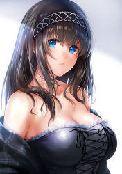 Rule 34 | 1girl, barre, black dress, black hair, blue eyes, breasts, cleavage, closed mouth, commentary request, dress, expressionless, eyes visible through hair, frilled dress, frills, hairband, highres, idolmaster, idolmaster cinderella girls, khanka shui, large breasts, long hair, looking at viewer, off-shoulder dress, off shoulder, sagisawa fumika, shawl, simple background, solo, straight hair, upper body