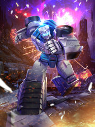 Rule 34 | absurdres, artist request, assault visor, autobot, battle, box art, building, clenched hands, cybertron, debris, dirty, energy, explosion, fighting stance, fire, glowing, highres, hologram, holographic interface, insignia, lens flare, machinery, mecha, night, official art, official style, promotional art, realistic, robot, running, science fiction, sky, sparks, star (sky), starry sky, symbol, tailgate (transformers), tire, transformers, visor