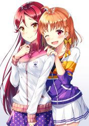 Rule 34 | 10s, 2girls, ;d, ahoge, blue skirt, blush, bow, braid, clenched hands, hair bow, hair ornament, hairclip, hand on own chest, hands on another&#039;s shoulders, jacket, long hair, long sleeves, looking at viewer, love live!, love live! sunshine!!, multiple girls, one eye closed, open mouth, orange hair, pleated skirt, polka dot, polka dot skirt, red eyes, red hair, sakurauchi riko, side braid, skirt, smile, standing, syuurin, takami chika, track jacket, white background, white skirt, yellow bow, yellow eyes