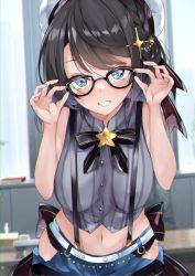 Rule 34 | 1girl, beret, black-framed eyewear, black hair, blouse, blue eyes, commentary request, glasses, grey shirt, hair ornament, hat, highres, hip vent, hololive, looking at viewer, navel, oozora subaru, oozora subaru (work), shirt, short hair, sleeveless, sleeveless shirt, smile, solo, striped clothes, striped shirt, suspenders, vertical-striped clothes, vertical-striped shirt, virtual youtuber, white hat