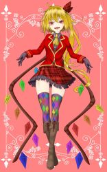 Rule 34 | 1girl, :d, alternate costume, ascot, black gloves, blonde hair, boots, brown footwear, crystal, dai zu san, flandre day, flandre scarlet, frilled skirt, frills, full body, gloves, highres, long sleeves, looking at viewer, multicolored clothes, multicolored legwear, one side up, open mouth, plaid, plaid skirt, red background, red eyes, red skirt, simple background, skirt, smile, solo, teeth, touhou, wings, yellow ascot