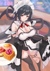 Rule 34 | 1girl, absurdres, alternate costume, annabella (tower of fantasy), bad id, bad pixiv id, bare shoulders, black hair, blurry, blurry background, breasts, cake, cleavage, elbow gloves, enmaided, food, gloves, highres, large breasts, lazgear, long hair, looking at viewer, maid, maid headdress, plate, thighlet, tower of fantasy, twintails, yellow eyes
