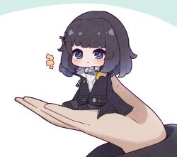 Rule 34 | +++, 1girl, 1other, :&gt;, arknights, arknights: endfield, black footwear, black hair, black jacket, black pantyhose, blue background, blush, chibi, closed mouth, commentary, endministrator (arknights), english commentary, female endministrator (arknights), grey eyes, highres, in palm, jacket, kurotofu, long sleeves, mini person, minigirl, open clothes, open jacket, pantyhose, shirt, shoes, short eyebrows, sitting, sleeves past fingers, sleeves past wrists, smile, thick eyebrows, turtleneck, two-tone background, white background, white shirt