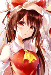 Rule 34 | 1girl, absurdres, arm up, bow, brown eyes, brown hair, detached sleeves, frilled bow, frills, hair between eyes, hair bow, hakurei reimu, highres, holding, huge filesize, long hair, parted lips, red bow, red shirt, ribbon-trimmed sleeves, ribbon trim, shirt, sleeveless, sleeveless shirt, solo, touhou, tsukasa (pixiv34617881), upper body, very long hair