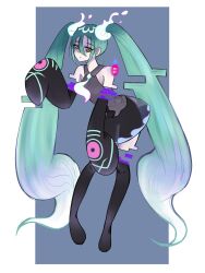 Rule 34 | 1girl, bare shoulders, black skirt, black sleeves, black thighhighs, blue hair, closed mouth, commentary request, creatures (company), detached arm, detached legs, detached sleeves, full body, game freak, ghost miku (project voltage), glitch, gradient hair, grey shirt, hair between eyes, hand up, hatsune miku, highres, korean commentary, long hair, looking at viewer, multicolored hair, necktie, nintendo, pale skin, pokemon, print sleeves, project voltage, see-through, see-through skirt, shirt, skirt, sleeveless, sleeveless shirt, sleeves past fingers, sleeves past wrists, solo, thighhighs, twintails, uyang, very long hair, vocaloid, white hair, white necktie, will-o&#039;-the-wisp (mythology), yellow eyes