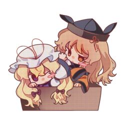 Rule 34 | 2girls, black headwear, blonde hair, blush stickers, bow, box, chibi, closed mouth, commentary, frown, hair bow, hat, in box, in container, long hair, long sleeves, matara okina, mob cap, multiple girls, no sclera, one eye closed, orange eyes, purple eyes, red bow, simple background, single blush sticker, touhou, white background, white headwear, xiao ganju nailuo, yakumo yukari