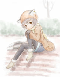 Rule 34 | 1girl, alternate costume, animal ears, bad id, bad pixiv id, black pantyhose, blush, cat ears, cat girl, cat tail, chen, ears through headwear, female focus, highres, mittens, multiple tails, pantyhose, pantyhose under shorts, saraband, scarf, shorts, sitting, sitting on stairs, sketch, smile, solo, stairs, tail, touhou, two tails, winter clothes