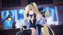 Rule 34 | 1girl, 504 gateway, azur lane, black gloves, black thighhighs, blonde hair, breasts, desk lamp, gloves, highres, indoors, lamp, long hair, looking at viewer, manjuu (azur lane), microscope, official alternate costume, partially unzipped, red eyes, ribs, small breasts, solo, soobrazitelny (azur lane), soobrazitelny (the machinery of life) (azur lane), thighhighs, twintails, very long hair, x-ray film