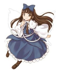 Rule 34 | 1girl, blunt bangs, brown eyes, brown hair, dress, fairy wings, finger to cheek, full body, hirasaka makoto, long hair, long sleeves, lowres, official art, shoes, simple background, smile, solo, star sapphire, touhou, touhou sangetsusei, white background, wings