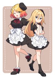 Rule 34 | 2girls, ;d, alternate costume, apron, black footwear, black headwear, black shirt, black skirt, blonde hair, blue eyes, border, bow, bowtie, brown background, cathy (satsuriku no tenshi), enmaided, full body, gradient hair, green eyes, hair between eyes, hands on own hips, hat, highres, loafers, long hair, looking at viewer, maid, miniskirt, multicolored hair, multiple girls, one eye closed, open mouth, rachel gardner, red bow, red bowtie, red hair, satsuriku no tenshi, shirt, shoes, short sleeves, skirt, smile, standing, standing on one leg, tooru (jux), very long hair, waist apron, white apron, white border