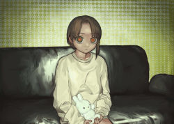 Rule 34 | 1girl, asymmetrical hair, brown eyes, brown hair, couch, hair ornament, hairclip, highres, holding, holding stuffed toy, iwakura lain, looking at viewer, mltep712, serial experiments lain, single sidelock, stuffed animal, stuffed rabbit, stuffed toy, x hair ornament