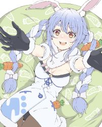 Rule 34 | 1girl, animal ear fluff, animal ears, bean bag, bean bag chair, black gloves, black leotard, blue hair, blush, bow, braid, breasts, brown pantyhose, carrot hair ornament, cleavage, commentary, cowboy shot, don-chan (usada pekora), dress, food-themed hair ornament, fur-trimmed dress, fur-trimmed gloves, fur scarf, fur trim, gloves, hair between eyes, hair ornament, hair ribbon, highres, hololive, leotard, light blue hair, long hair, looking at viewer, lying, medium breasts, multicolored hair, on back, open mouth, oshimaidebu, outstretched arms, outstretched hand, pantyhose, pom pom (clothes), rabbit-shaped pupils, rabbit ears, red eyes, ribbon, simple background, smile, solo, strapless, strapless dress, sweat, sweatdrop, symbol-only commentary, symbol-shaped pupils, teeth, thick eyebrows, thigh gap, tress ribbon, twin braids, twintails, two-tone hair, upper teeth only, usada pekora, usada pekora (1st costume), virtual youtuber, white background, white bow, white dress, white hair