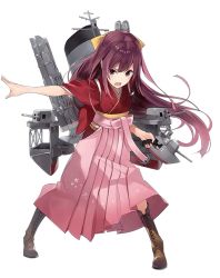 Rule 34 | 10s, 1girl, boots, cross-laced footwear, full body, gradient hair, hakama, hakama skirt, japanese clothes, kamikaze (kancolle), kantai collection, kimono, lace-up boots, long hair, machinery, meiji schoolgirl uniform, multicolored hair, official art, outstretched arm, outstretched hand, pink hakama, purple hair, skirt, solo, tasuki, transparent background, very long hair