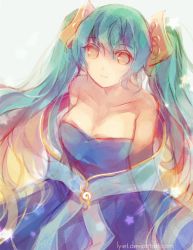 Rule 34 | 1girl, ;), aqua hair, bare shoulders, blue dress, blue eyes, blue hair, breasts, cleavage, detached sleeves, dress, female focus, glowing, gradient hair, hair ornament, highres, instrument, jewelry, large breasts, league of legends, long hair, looking at viewer, looking up, lyiet, matching hair/eyes, multicolored hair, off-shoulder dress, off shoulder, one eye closed, simple background, smile, solo, sona (league of legends), sound effects, treble clef, twintails, very long hair, watermark, web address, white background
