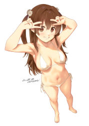 Rule 34 | 1girl, armpits, baba arumi, bare shoulders, barefoot, bikini, blush, breasts, brown eyes, brown hair, check copyright, collarbone, copyright request, double v, flower, hair flower, hair ornament, medium breasts, navel, original, perspective, simple background, smile, solo, string bikini, swimsuit, teeth, v, white background, white bikini