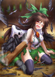 Rule 34 | 1girl, ;o, arm cannon, arm support, black thighhighs, black wings, blurry, blush, boroe, bow, breasts, brown hair, cape, depth of field, feathered wings, feathers, full body, green bow, green skirt, hair bow, highres, kneeling, large breasts, long hair, looking at viewer, monopollyan, nose blush, one eye closed, open mouth, panties, red eyes, reiuji utsuho, ribbon, rock, shirt, sideboob, skirt, smoke, solo, tears, thighhighs, thighs, third eye, torn clothes, torn shirt, torn skirt, touhou, underwear, weapon, white shirt, wings