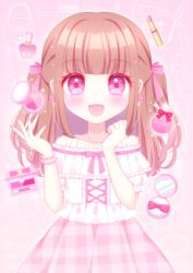 Rule 34 | 1girl, :d, bare shoulders, blunt bangs, blush, bottle, bow, brown hair, collarbone, commentary request, fingernails, hair bow, hands up, himetsuki luna, lipstick, long hair, makeup, nail polish, off-shoulder shirt, off shoulder, open mouth, original, perfume bottle, pink bow, pink nails, pink skirt, plaid, plaid skirt, pleated skirt, purple eyes, shirt, skirt, smile, solo, two side up, unmoving pattern, white shirt