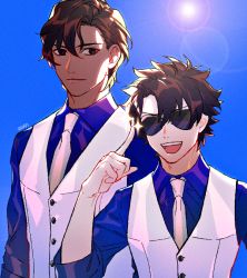 Rule 34 | 2boys, arjuna (fate), arjuna (formal dress) (fate), aviator sunglasses, bad id, bad twitter id, black hair, blue sky, clenched hand, dark-skinned male, dark skin, day, fate/grand order, fate (series), fujimaru ritsuka (male), lens flare, looking at viewer, male focus, matching outfits, multiple boys, necktie, open mouth, shimazaki nobunaga, short hair, signature, sky, sunglasses, voice actor connection, waistcoat