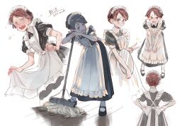 Rule 34 | 1girl, absurdres, adjusting apron, adjusting clothes, alternate costume, apron, black dress, black footwear, blush, brown eyes, brown hair, cosmic (crownclowncosmic), dress, enmaided, frilled apron, frills, highres, holding, holding tray, kantai collection, leaning forward, looking at viewer, maid, maid apron, maid headdress, mop, multiple views, open mouth, pantyhose, shikinami (kancolle), shoes, short sleeves, simple background, standing, tray, v, white background, white pantyhose
