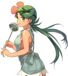 Rule 34 | 1girl, apron, bare shoulders, blush, chorefuji, cowboy shot, creatures (company), cutoffs, eyelashes, flower, from side, game freak, green eyes, green hair, hair flower, hair ornament, holding, ladle, long hair, looking at viewer, looking to the side, low twintails, mallow (pokemon), nintendo, overalls, parted lips, pink shirt, pokemon, pokemon sm, shirt, simple background, sleeveless, solo, swept bangs, teeth, trial captain, twintails, white background
