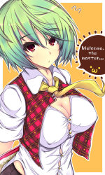 Rule 34 | 1girl, :&lt;, :3, blush, breasts, bursting breasts, cleavage, covered erect nipples, english text, engrish text, female focus, from above, green hair, highres, kazami yuuka, large breasts, looking at viewer, muku (komainu), open clothes, open shirt, orange background, outline, ranguage, red eyes, shiny skin, shirt, short hair, solo, straining buttons, touhou, upper body, vest