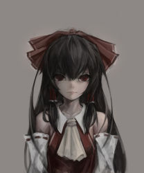 Rule 34 | 1girl, absurdres, arms at sides, ascot, bow, detached sleeves, grey background, gyup91, hair bow, hair over shoulder, hair tubes, hakurei reimu, highres, lips, long hair, looking at viewer, md5 mismatch, red eyes, resolution mismatch, ribbon-trimmed sleeves, ribbon trim, sleeveless, solo, source smaller, touhou, very long hair