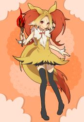 Rule 34 | 1girl, absurdres, animal ear fluff, blonde hair, boots, braixen, creatures (company), fire, game freak, gen 6 pokemon, highres, nintendo, orange background, personification, pokemon, red eyes, redcat13, thigh boots, thighhighs