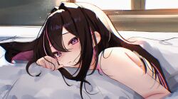 1girl arm_pillow azki_(hololive) bed_sheet black_hair blush colored_inner_hair commentary day hair_between_eyes hair_intakes highres hololive indoors long_hair looking_at_viewer lying mole mole_under_eye multicolored_hair nude on_stomach pink_hair purple_eyes rifufu smile solo streaked_hair under_covers virtual_youtuber white_hair