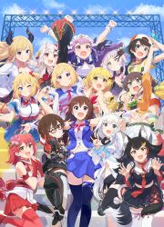 Rule 34 | 6+girls, ahoge, akai haato, akai haato (1st costume), aki rosenthal, aki rosenthal (1st costume), animal ears, arm up, armpits, arms at sides, arms up, ass, black hair, blue sky, breasts, brown hair, cleavage, collarbone, commentary, commentary request, dog ears, elbow gloves, everyone, fang, female focus, fox ears, fox tail, glasses, gloves, green eyes, hair ornament, hairclip, hat, highres, hololive, horns, japanese clothes, large breasts, looking at viewer, minato aqua, minato aqua (1st costume), multiple girls, murasaki shion, murasaki shion (1st costume), nakiri ayame, nakiri ayame (1st costume), narumi nanami, natsuiro matsuri, natsuiro matsuri (1st costume), nontraditional miko, official art, one eye closed, ookami mio, ookami mio (1st costume), oozora subaru, oozora subaru (1st costume), outdoors, purple hair, red eyes, red hair, roboco-san, roboco-san (1st costume), sakura miko, sakura miko (old design), shirakami fubuki, shirakami fubuki (1st costume), short hair, side ponytail, sky, sleeveless, tail, thighhighs, tokino sora, tokino sora (1st costume), v, virtual youtuber, white hair, witch hat, wolf ears, wolf tail, yozora mel, yozora mel (1st costume), yuzuki choco, yuzuki choco (1st costume), zettai ryouiki