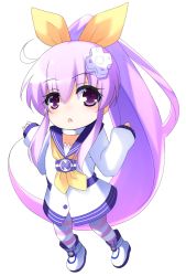 Rule 34 | 1girl, :o, boots, bow, chibi, collar, commentary request, d-pad, d-pad hair ornament, doria (p f dolia), dress, hair between eyes, hair bow, hair ornament, long hair, long sleeves, looking at viewer, neckerchief, nepgear, neptune (series), open mouth, ponytail, purple eyes, purple hair, sailor collar, sailor dress, sidelocks, simple background, solo, striped clothes, striped thighhighs, thighhighs, very long hair, w arms, white background, white dress, yellow bow, yellow neckerchief