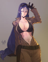 Rule 34 | 1girl, absurdres, alternate costume, arm support, arm up, bangs pinned back, belt, black bra, black gloves, blue hair, bra, breasts, brown jumpsuit, cleavage, closed mouth, collarbone, commentary, cowboy shot, dated, english commentary, fate/grand order, fate (series), gloves, goggles, goggles on head, gradient background, grey background, hair ornament, highres, jumpsuit, large breasts, long hair, looking to the side, low-tied long hair, metal gear (series), metal gear solid 3: snake eater, minamoto no raikou (fate), navel, open clothes, open jumpsuit, purple eyes, sidelocks, signature, solkorra, solo, standing, underwear, unzipped, very long hair
