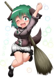 Rule 34 | 1girl, ;d, adapted costume, animal ears, arm up, asheta7, bamboo broom, bare legs, blush, breasts, broom, dog ears, dog tail, fang, fist pump, floppy ears, green eyes, green hair, highres, jumping, kasodani kyouko, knees together feet apart, large breasts, looking at viewer, matching hair/eyes, miniskirt, one eye closed, open mouth, shoes, short hair, skirt, smile, socks, solo, tail, touhou