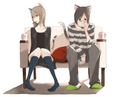 Rule 34 | 1boy, 1girl, animal ears, beard, couch, couple, cup, facial hair, food, glasses, heart, hetero, kneehighs, knees together feet apart, looking away, mouth hold, mug, original, pants, phone, pillow, pocky, shirt, sitting, slippers, socks, striped clothes, striped shirt, tail, tansuke