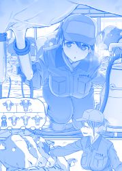 Rule 34 | 1girl, :d, ^ ^, animal, baseball cap, blue theme, breasts, closed eyes, comic, cow, closed eyes, getsuyoubi no tawawa, gloves, hair between eyes, hat, headpat, himura kiseki, jumpsuit, kneeling, large breasts, milking machine, monochrome, open mouth, parted lips, profile, short hair, short ponytail, silent comic, smile, solo, thought bubble, udder