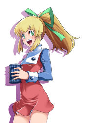 Rule 34 | 1girl, :d, blonde hair, blush, breasts, classictime, cowboy shot, dress, energy tank, green eyes, green ribbon, hair ribbon, highres, long hair, long sleeves, looking at viewer, mega man (classic), mega man (series), open mouth, ponytail, red dress, ribbon, roll (mega man), shadow, sidelocks, simple background, small breasts, smile, solo, standing, teeth, thighs, turtleneck, white background