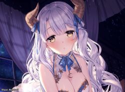 Rule 34 | 1girl, :o, artist name, bare shoulders, blush, bow, bowtie, braid, breasts, brown eyes, cleavage, comitia, comitia 134, commentary request, curtains, hair ornament, hair ribbon, horns, long hair, looking at viewer, medium breasts, moon necklace, open mouth, purple hair, ribbon, rosuuri, sheep girl, sheep horns, single braid, sky, solo, star (sky), star (symbol), starry sky
