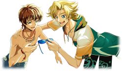 Rule 34 | 2boys, artist request, black male swimwear, blonde hair, blue-framed eyewear, blue-tinted eyewear, blue eyes, blue male swimwear, bracelet, brown hair, code geass, code geass: lost stories, collarbone, cropped torso, drawstring, game cg, gino weinberg, green eyes, green shirt, half-closed eyes, hand on another&#039;s shoulder, hand up, happy, highres, holding, holding removed eyewear, hood, hood down, hooded shirt, jewelry, kururugi suzaku, male focus, male swimwear, multiple boys, multiple necklaces, navel, necklace, non-web source, official art, open clothes, open mouth, open shirt, quad braids, raised eyebrows, ring, ring necklace, shirt, short hair, short sleeves, sidelocks, simple background, smile, star (symbol), sunglasses, swim trunks, teeth, tinted eyewear, topless male, transparent background, two-tone shirt, unworn eyewear, wet