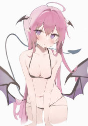 Rule 34 | 1girl, absurdres, ahoge, arm support, armpit crease, bad id, bad pixiv id, bikini, black bikini, black tail, black wings, blush, breasts, breasts squeezed together, cleavage, collarbone, cowboy shot, cropped legs, crossed bangs, demon girl, demon tail, demon wings, dot nose, expressionless, gluteal fold, grey background, hair between eyes, hair intakes, halterneck, hanging breasts, head wings, highres, leaning forward, long hair, looking at viewer, looking to the side, low wings, medium breasts, micro bikini, mini wings, multi-strapped bikini, multiple wings, navel, original, otintin, parted lips, pink hair, pointy ears, purple eyes, purple wings, shiny skin, simple background, skindentation, solo, stomach, string bikini, swimsuit, tail, tail raised, twintails, very long hair, wings