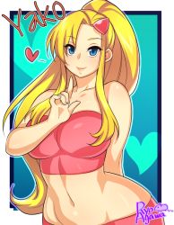 Rule 34 | 1girl, agawa ryou, artist name, bare shoulders, blonde hair, blue eyes, breasts, curvy, female focus, hair ornament, large breasts, long hair, midriff, navel, original, ponytail, smile, solo, standing, tank top, upper body, wide hips