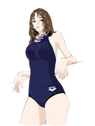 Rule 34 | 1girl, absurdres, arena (company), black eyes, blue one-piece swimsuit, breasts, brown hair, commentary, competition swimsuit, from below, goggles, goggles around neck, highres, long hair, looking at viewer, one-piece swimsuit, original, product placement, sakamoto giulietta, school swimsuit, simple background, solo, standing, swimsuit, white background