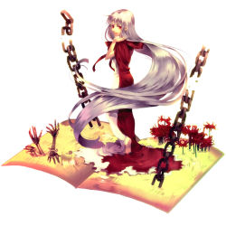 Rule 34 | albino, barefoot, book, chain, dress, elysion, flower, lafrenze, long hair, red eyes, silver hair, solo, sound horizon, spider lily, sunakumo, very long hair