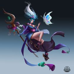 Rule 34 | 1girl, absurdres, black footwear, blue skin, bow, bug, butterfly, colored skin, duoduo luo di guowang, gradient background, green hair, green kimono, grey background, hair ornament, hair up, hand up, highres, holding, holding staff, insect, janna (league of legends), japanese clothes, kimono, knee up, league of legends, long hair, obi, pink bow, pointy ears, ponytail, sash, solo, staff, white hair