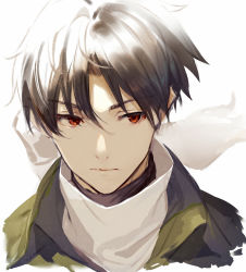 Rule 34 | 1boy, 86 -eightysix-, black hair, closed mouth, collared shirt, green shirt, highres, looking to the side, red eyes, scar, scar on neck, scarf, shinei nouzen, shirabi, shirt, short hair, white background