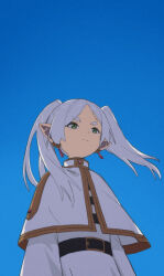 Rule 34 | 1girl, belt, blue background, capelet, closed mouth, earrings, frieren, green eyes, grey hair, highres, jewelry, lang (mask), long hair, long sleeves, pointy ears, simple background, solo, sousou no frieren, tassel, tassel earrings, twintails, upper body, white capelet