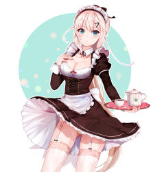 Rule 34 | 1girl, 9a-91 (girls&#039; frontline), apron, black dress, blonde hair, blue eyes, blush, breasts, chu (huaha1320), cleavage, cowboy shot, cup, dress, frilled apron, frills, garter straps, girls&#039; frontline, hair ornament, hairclip, hand on own chest, hand up, highres, holding, holding tray, juliet sleeves, lace, lace-trimmed legwear, lace trim, long sleeves, maid, maid headdress, medium breasts, panties, parted lips, puffy sleeves, solo, teacup, teapot, thighhighs, thighs, tray, underwear, waist apron, white panties