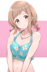 Rule 34 | 1girl, bare arms, bare shoulders, bikini, blue bikini, blue shirt, blush, braid, breasts, brown eyes, brown hair, cleavage, closed mouth, collarbone, crop top, floral print, hair ornament, hairclip, halterneck, head tilt, highres, idolmaster, idolmaster shiny colors, jewelry, large breasts, light brown hair, long hair, looking at viewer, low twintails, midriff, mitsukazu (nijigen complex), navel, necklace, sakuragi mano, shirt, short twintails, sleeveless, sleeveless shirt, smile, solo, swept bangs, swimsuit, twin braids, twintails, upper body, v arms