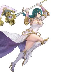 Rule 34 | 1girl, axe, battle axe, boots, braid, breasts, bridal gauntlets, circlet, cleavage, dress, female focus, fire emblem, fire emblem heroes, full body, green hair, high heel boots, high heels, highres, holding, holding axe, holding weapon, jewelry, knee boots, large breasts, long sleeves, maeshima shigeki, nintendo, official art, single braid, smile, solo, thighs, thorr (fire emblem), transparent background, weapon, white dress, white footwear, yellow eyes