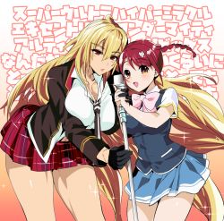 Rule 34 | 10s, 2girls, :d, :o, ahoge, black gloves, blazer, blonde hair, blush, bow, bowtie, braid, breasts, breasts squeezed together, brown eyes, cat hair ornament, cleavage, couple, cowboy shot, curvy, gloves, gradient background, hair between eyes, hair ornament, happy, holding hands, jacket, large breasts, leaning forward, long hair, long sleeves, looking at viewer, microphone, microphone stand, minemura, miniskirt, multiple girls, open clothes, open jacket, open mouth, plaid, plaid skirt, pleated skirt, red eyes, red hair, school uniform, shikishima mirei, short hair, short sleeves, skirt, smile, sparkle, standing, text focus, thighs, tokonome mamori, twin braids, valkyrie drive, valkyrie drive -mermaid-, very long hair, vest, wide hips, yuri