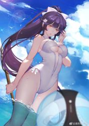Rule 34 | absurdres, azur lane, ball, beachball, bird, blue sky, blurry, bow, breasts, budinger, casual one-piece swimsuit, choker, cleavage, cloud, cloudy sky, day, depth of field, dutch angle, flower, hair bow, hair flower, hair ornament, high ponytail, highres, large breasts, lens flare, lips, long hair, looking at viewer, one-piece swimsuit, orange eyes, outdoors, ponytail, purple hair, sky, solo, swimsuit, takao (azur lane), takao (beach rhapsody) (azur lane), takao (bilan hangxian), very long hair, wading, watermark, weibo watermark, white one-piece swimsuit